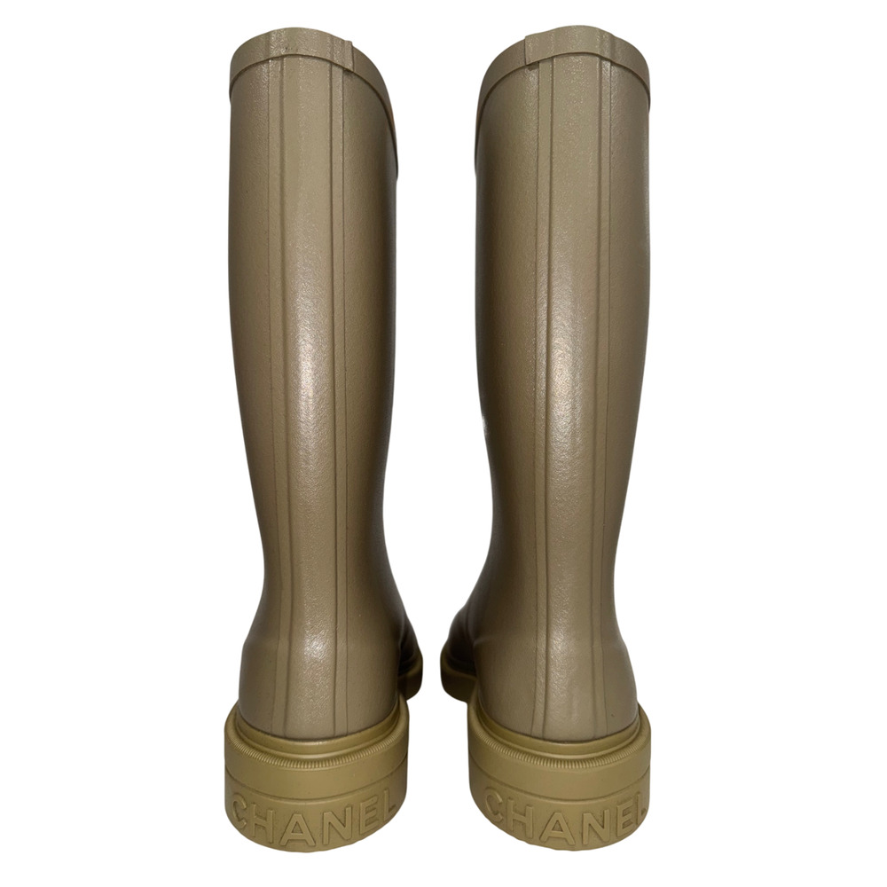 Chanel REV Dark Beige Moss Green White CC Logo High Pull On Rubber Rain Boots 39 - Picture 12 of 15